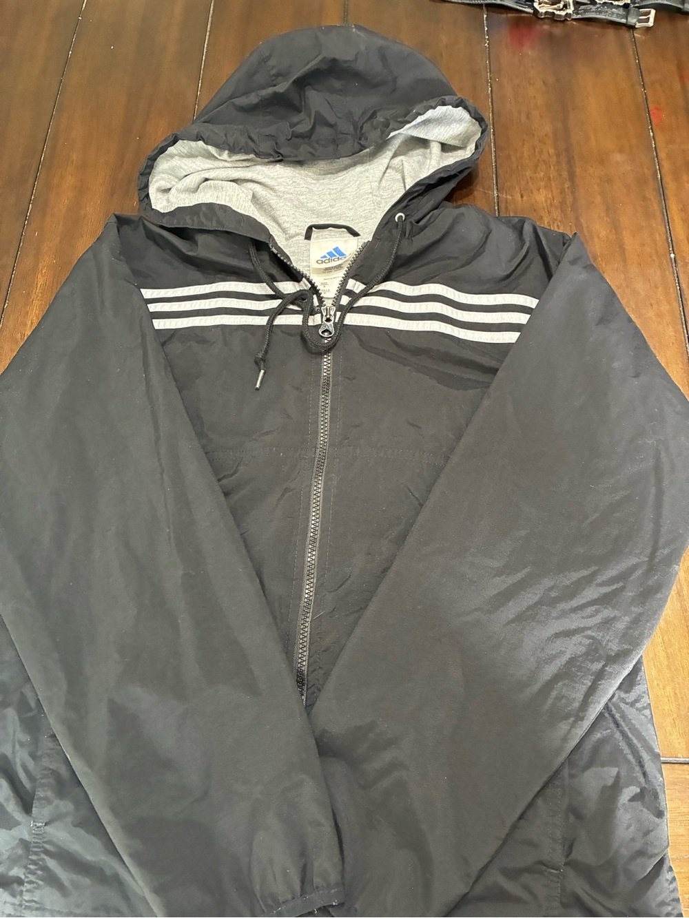 Classic Y2k adidas Black Hooded Windbreaker with Gray Stripe Accents